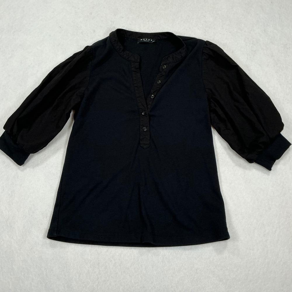 Maven West Womens Black Ribbed Henley Mixed Media Puff Sleeve Top Size M